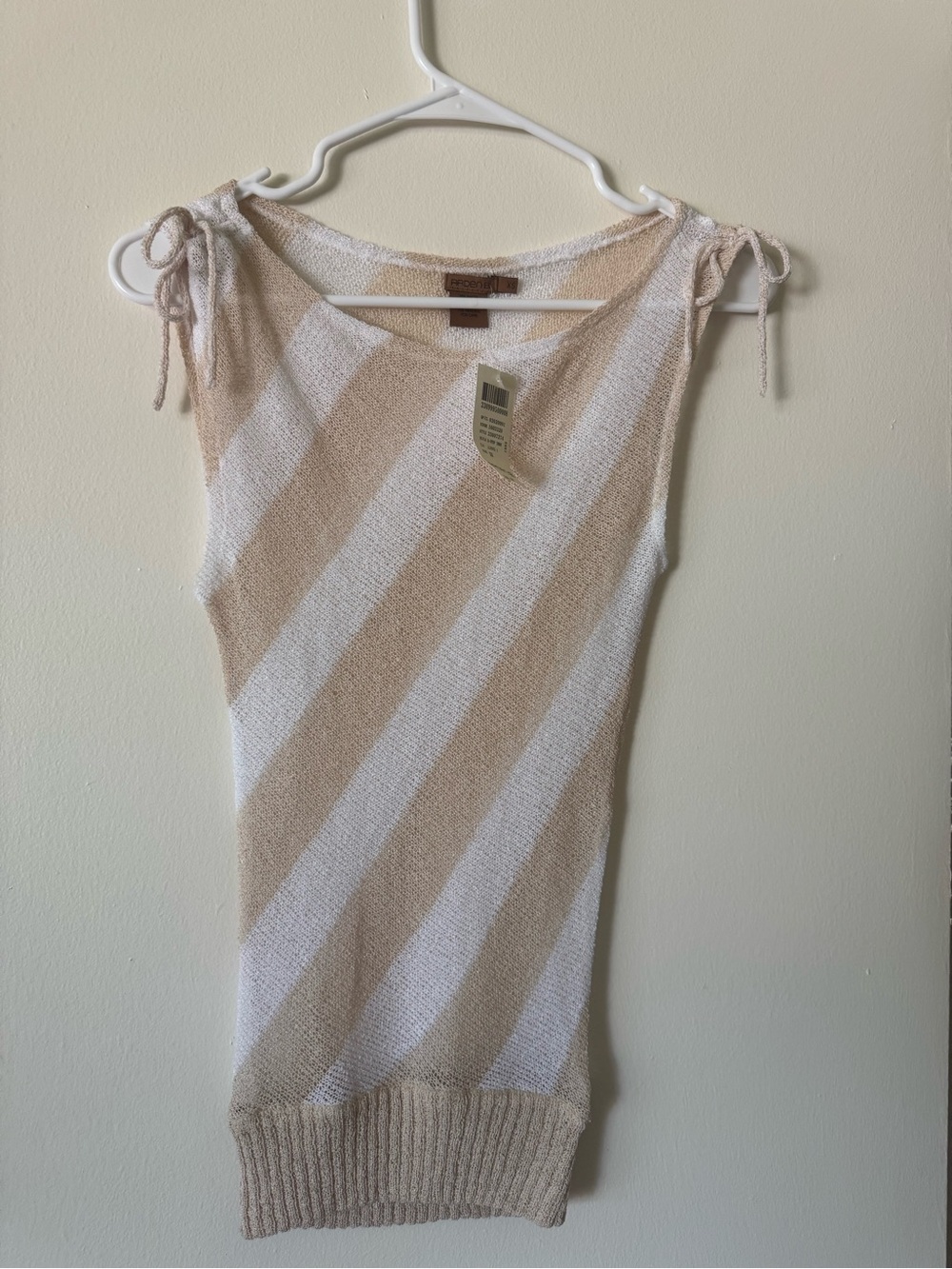 Arden B Beige and White Striped Knit Tie-Shoulder Top